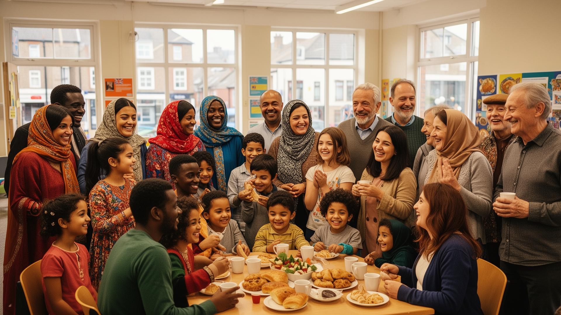 A multi-generational, multicultural group of Northgate, Darlington neighbours — South Asian, Black African, Middle Eastern, Eastern European and White British people of all ages — sharing food and conversation at a DUCT community gathering